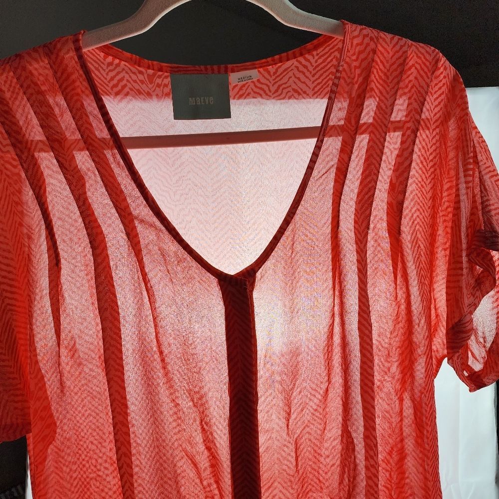 Anthropologie Maeve Silk Blouse M Coral Orange Chevron Print Short Sleeve Boho - Picture 6 of 15